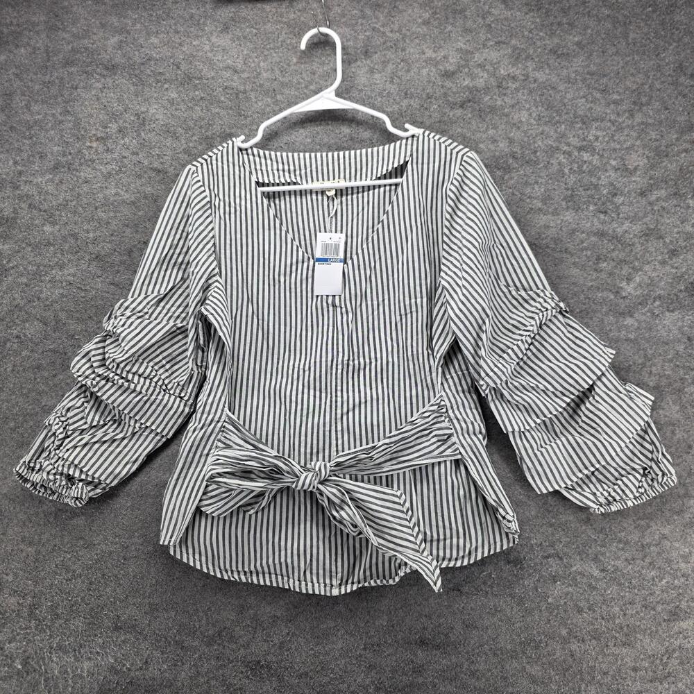 Ultra Flirt Blouse Tunic Womens L White V-Neck Balloon Sleeve Bow Ruffle Belted